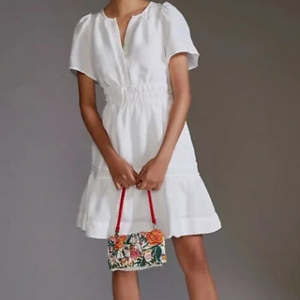 Anthropologie Maeve M NWT The Somerset Mini Dress Linen Tiered White Medium NEW